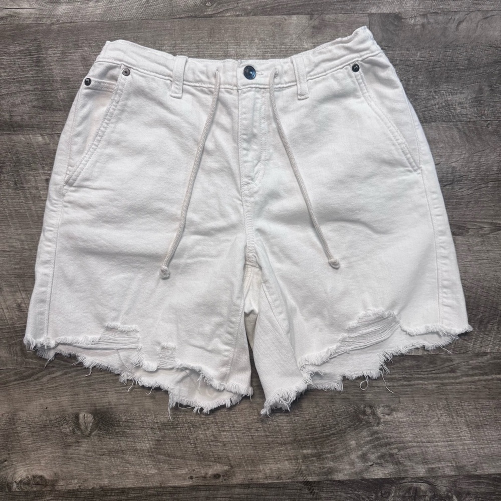 Aerie White Denim Cutoff Shorts Drawstring Elastic Waist Distressed Womens Sz. S